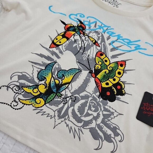 Ed Hardy Crop Tee Women's Large Rhinestone Butterfly Top NWT Logo Art Piece NEW - Picture 3 of 12